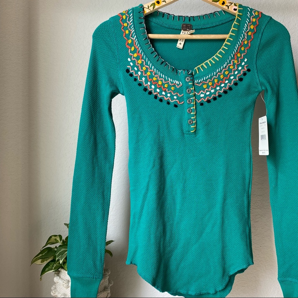 NWT Free People Emerald Green Embroidered Waffle Thermal sz XS